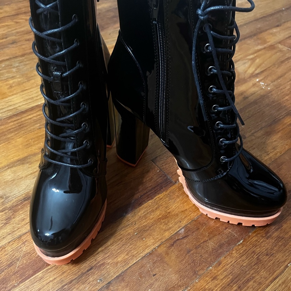 Black Patent Leather Lace-Up Boots